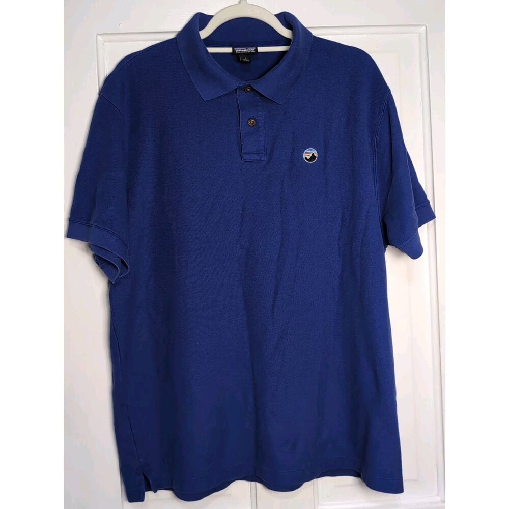 Patagonia Fitz Roy Emblem Polo Shirt Royal Blue Organic Cotton Men's L(1153)